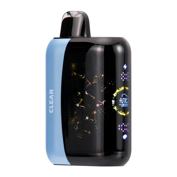 person using a clear foger disposable vape with visible vapour and tank level